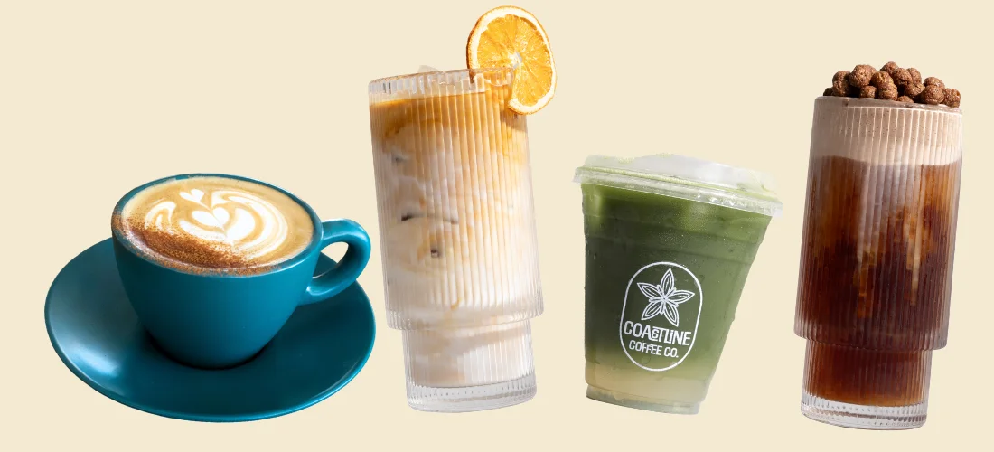 A cappuccino, an iced citrus latte, an iced matcha, and a cold brew topped with cocoa puffs